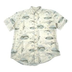 Woolrich Camp Shirt Fishing Pattern Tan‎ Short Sleeve Cotton Size Large